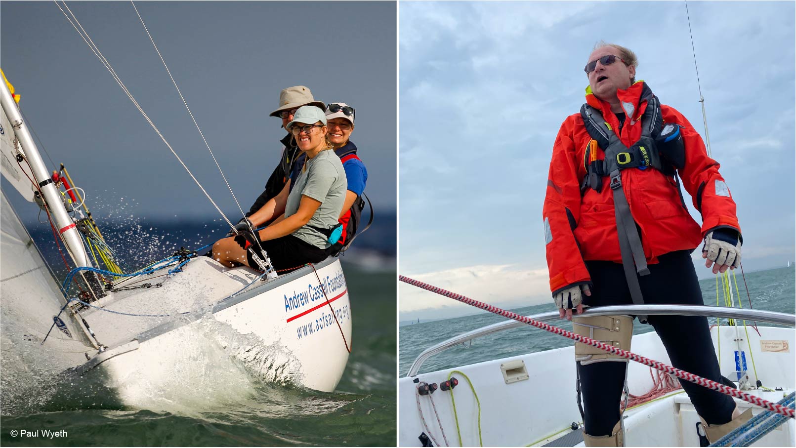 Composite image. Left a sonar heeling 10 degrees sails towards the camera with four people on the rail. Right Ian Wyllie sails with tiller between his knees showing the support braces he wears