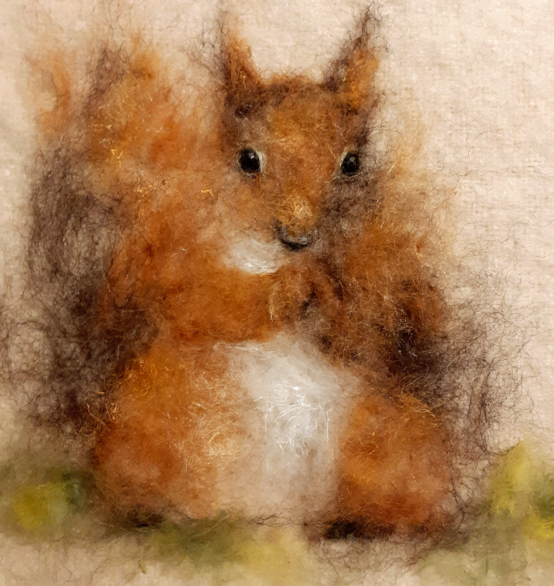 Art work of a red squirrel occupies most of the square Frame. The squirrel is looking towards the viewer with its front paws raised and held together.